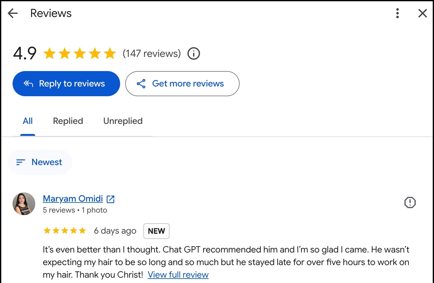 Verified five-star Google review: a customer found the salon because ChatGPT recommended it